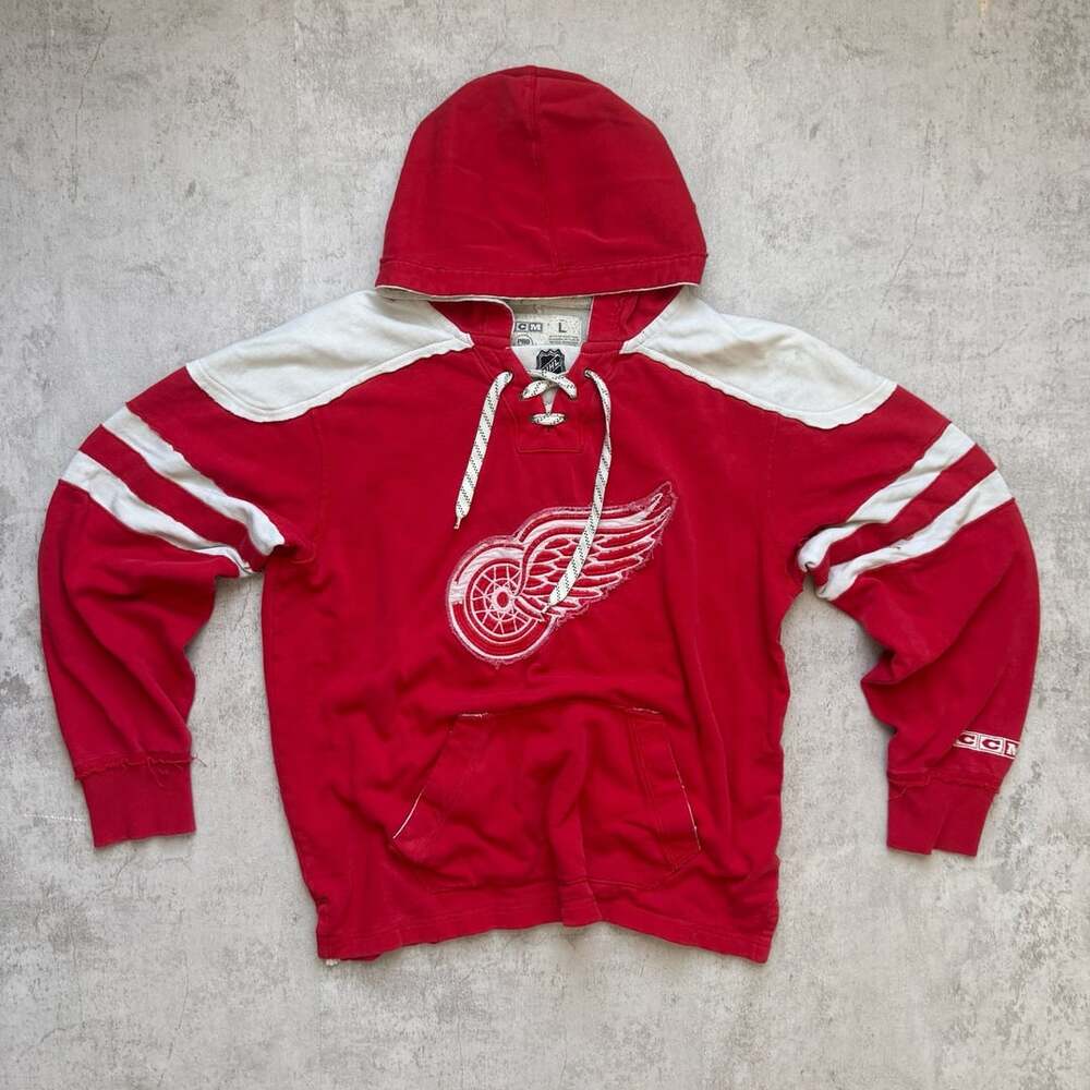 CCM Detroit Red Wings Lacer Hoodie Size L Red White NHL Hockey